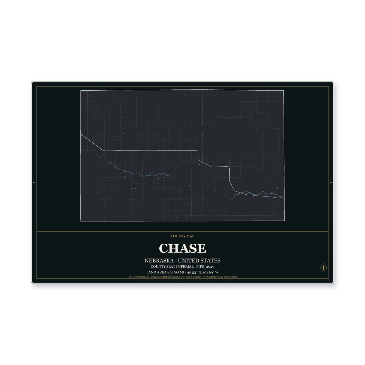 Chase County, Nebraska Map Aluminum Sign in Metropolitan Noir style