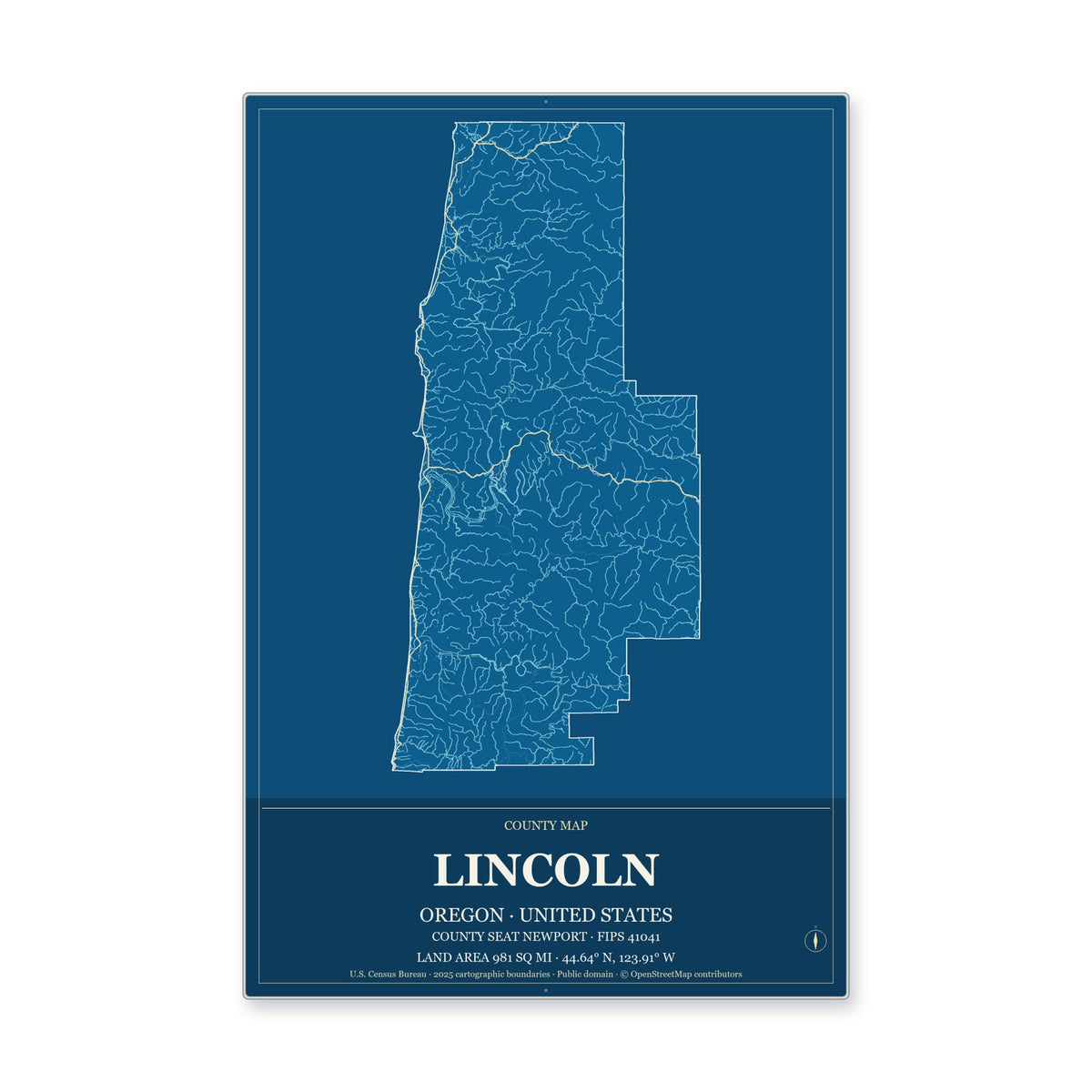 Lincoln County, Oregon Map Aluminum Sign in Harbor Cobalt style