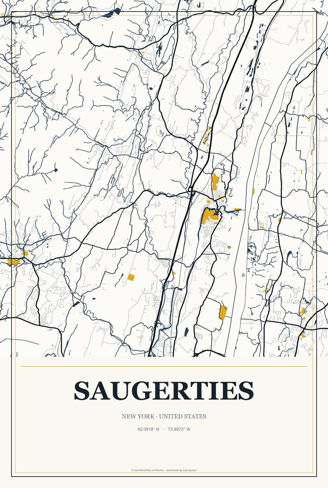 Saugerties, New York City Map Aluminum Sign in Citrine Modern style