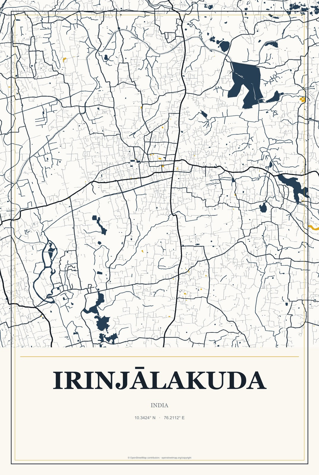 Irinjālakuda, India City Map Aluminum Sign in Citrine Modern style