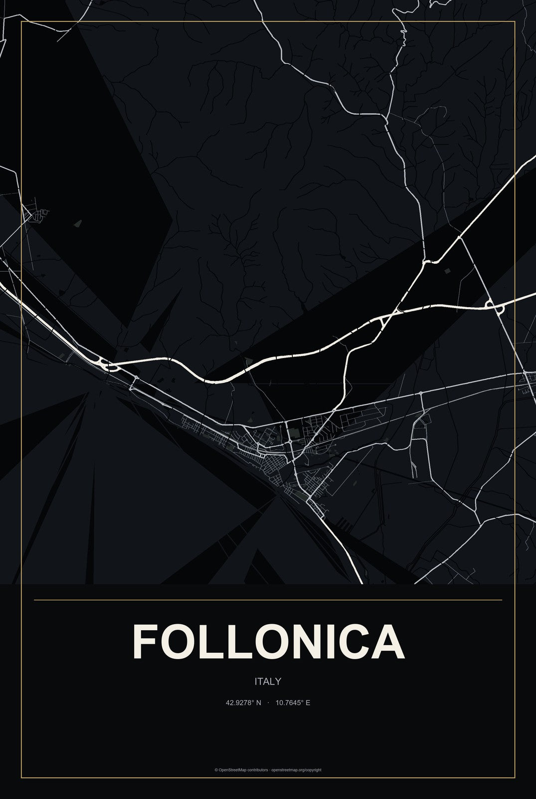 Follonica, Italy City Map Aluminum Sign in Metropolitan Noir style