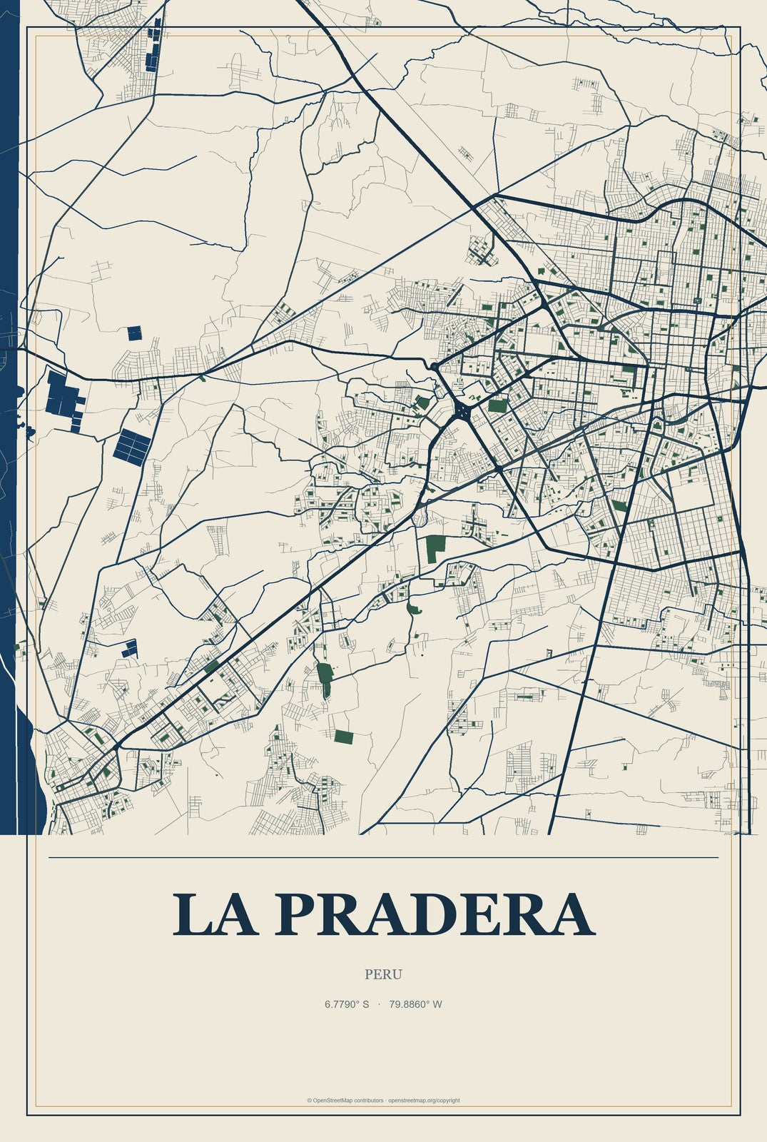 La Pradera, Peru City Map Aluminum Sign in Coastal Cutout style