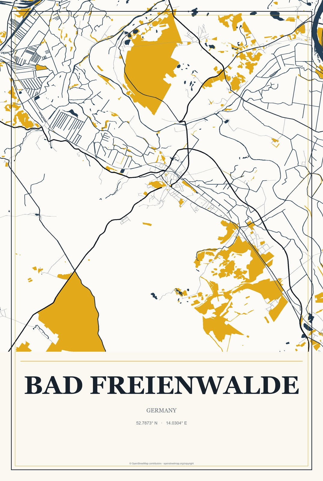 Bad Freienwalde, Germany City Map Aluminum Sign in Citrine Modern style