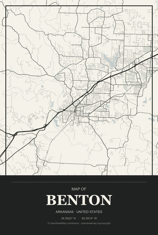 Benton, Arkansas City Map Aluminum Sign in Museum Plaque style