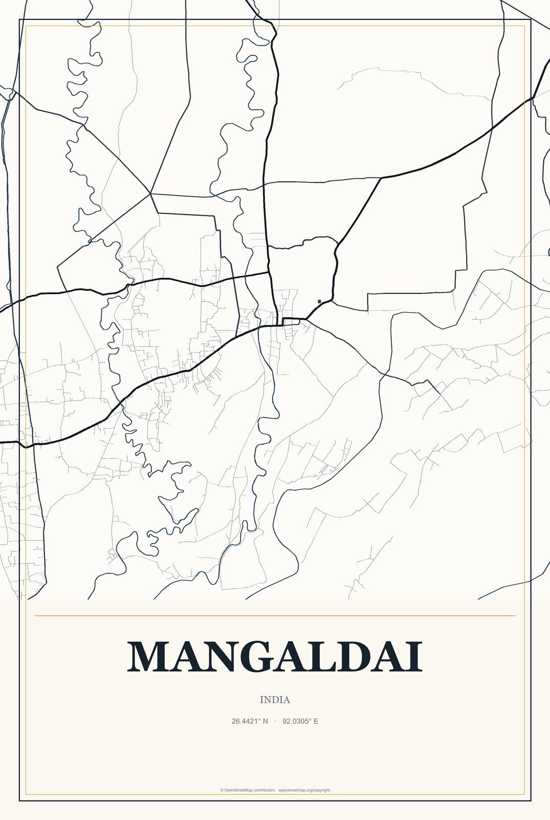 Mangaldai, India City Map Aluminum Sign in Citrine Modern style