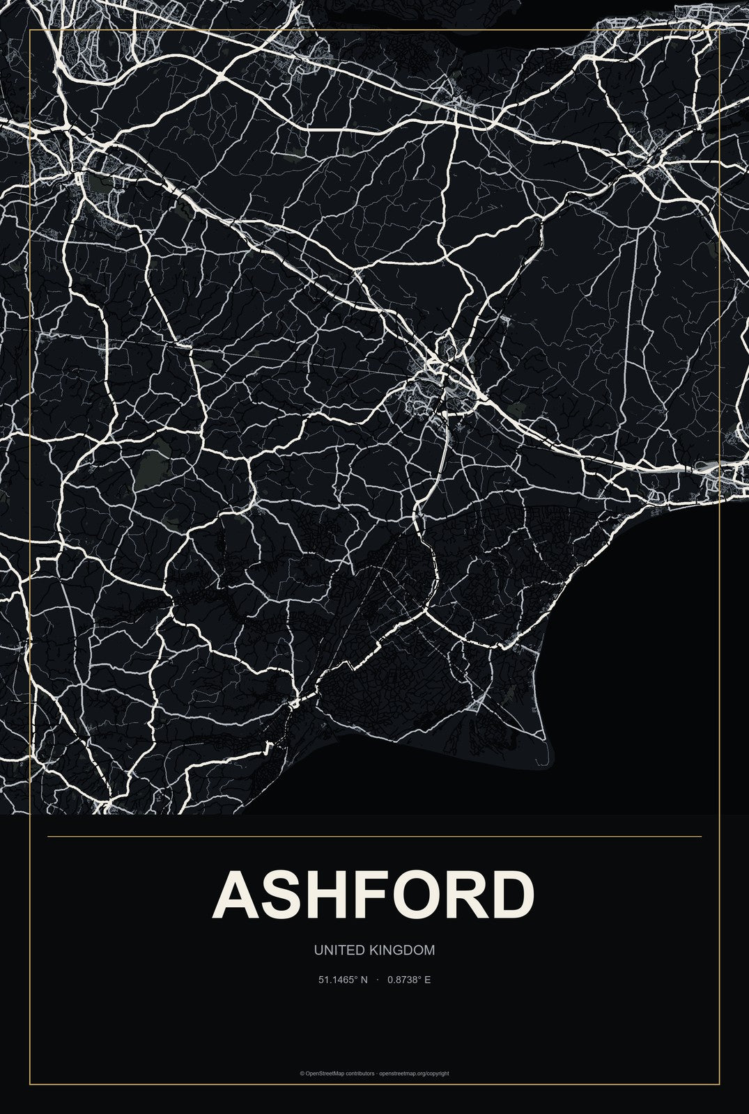 Ashford, United Kingdom City Map Aluminum Sign in Metropolitan Noir style