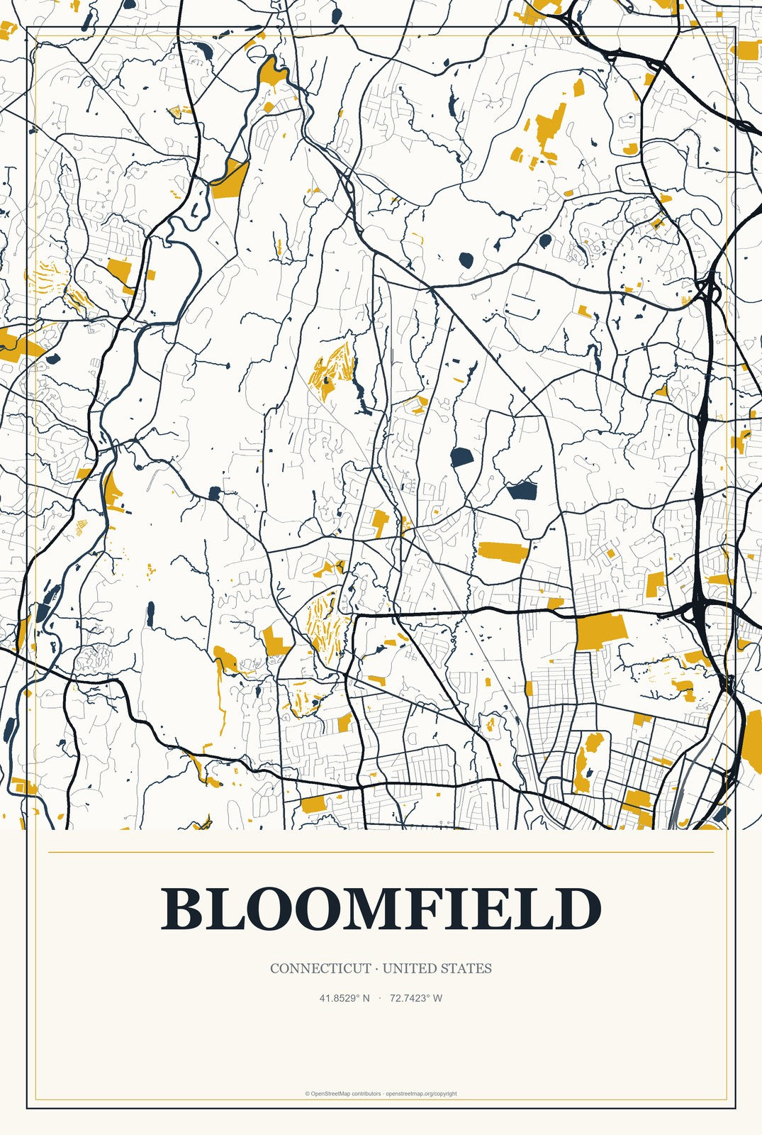 Bloomfield, Connecticut City Map Aluminum Sign in Citrine Modern style