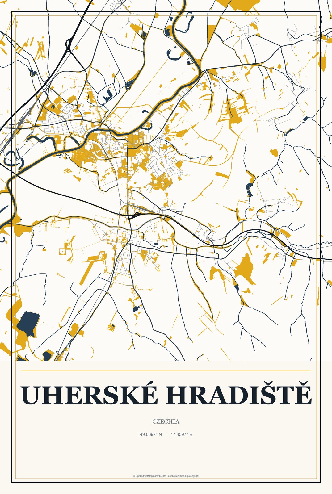 Uherské Hradiště, Czechia City Map Aluminum Sign in Citrine Modern style