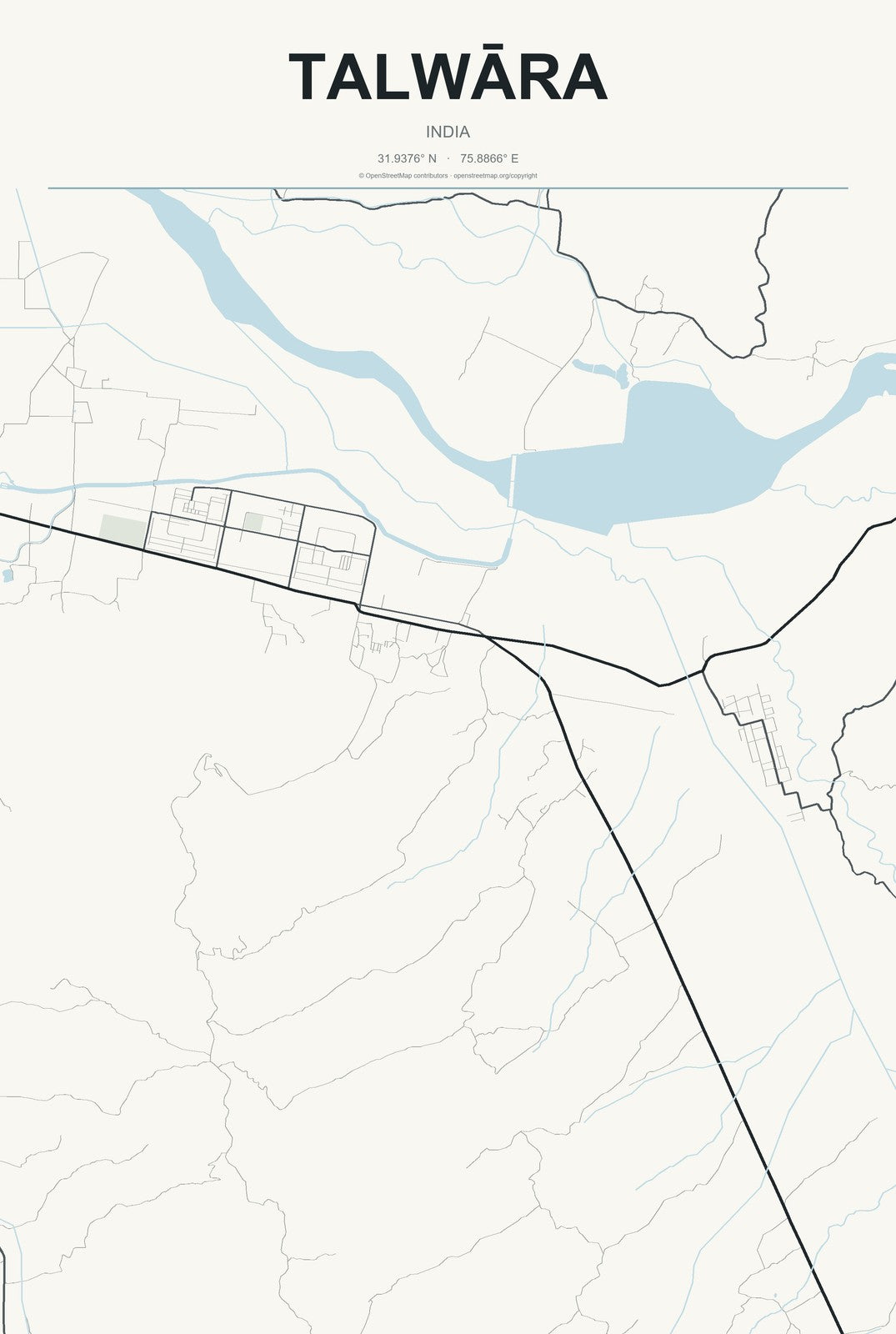 Talwāra, India City Map Aluminum Sign in Headline Atlas style