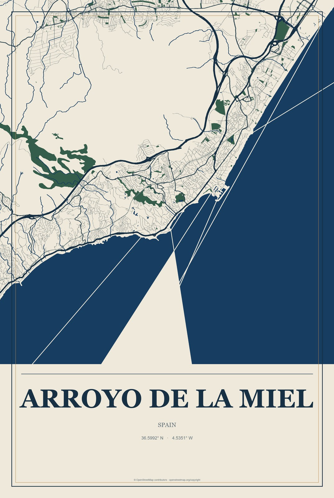 Arroyo de la Miel, Spain City Map Aluminum Sign in Coastal Cutout style