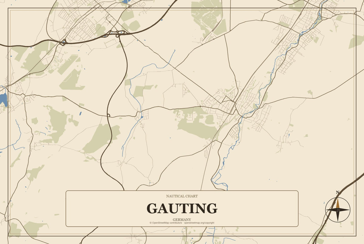 Gauting, Germany City Map Aluminum Sign in Heritage Nautical style
