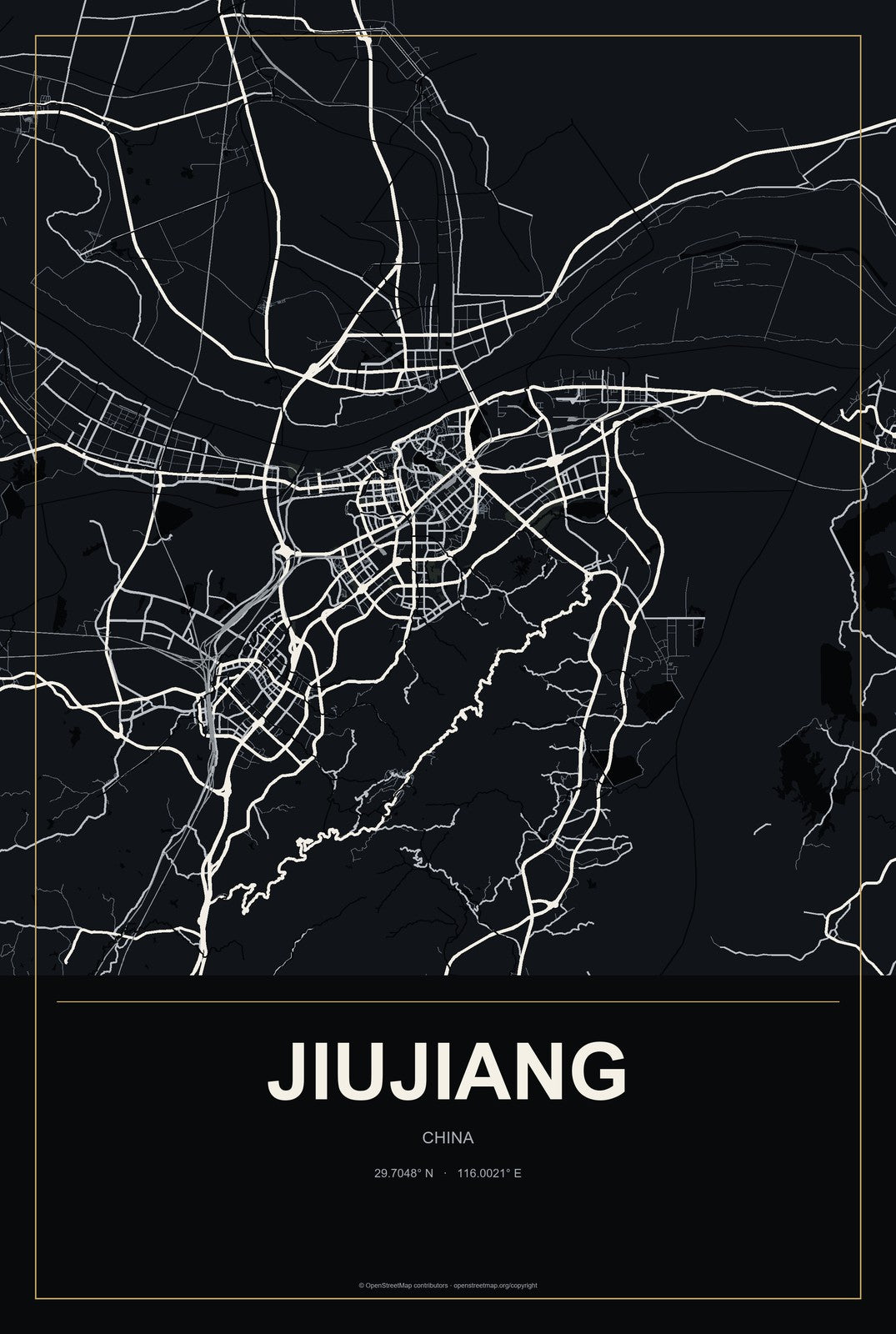 Jiujiang, China City Map Aluminum Sign in Metropolitan Noir style