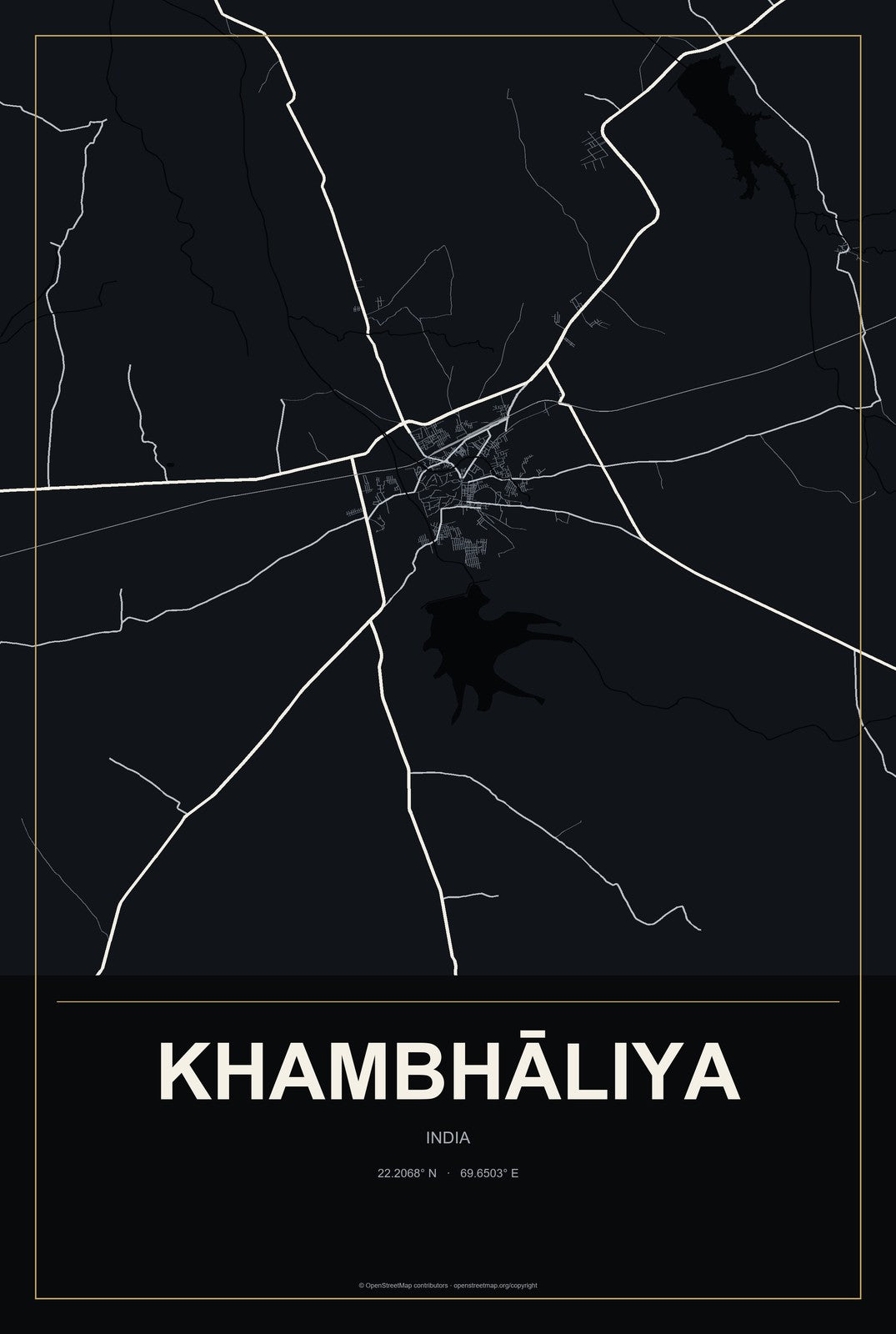 Khambhāliya, India City Map Aluminum Sign in Metropolitan Noir style