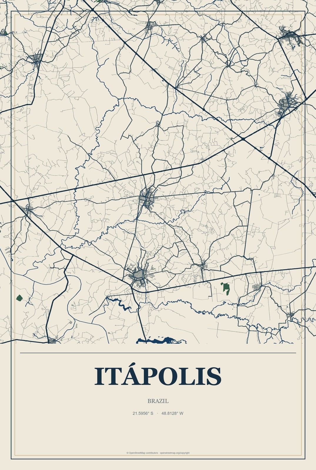 Itápolis, Brazil City Map Aluminum Sign in Coastal Cutout style