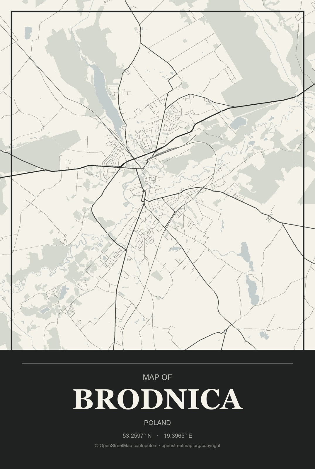 Brodnica, Poland City Map Aluminum Sign in Museum Plaque style