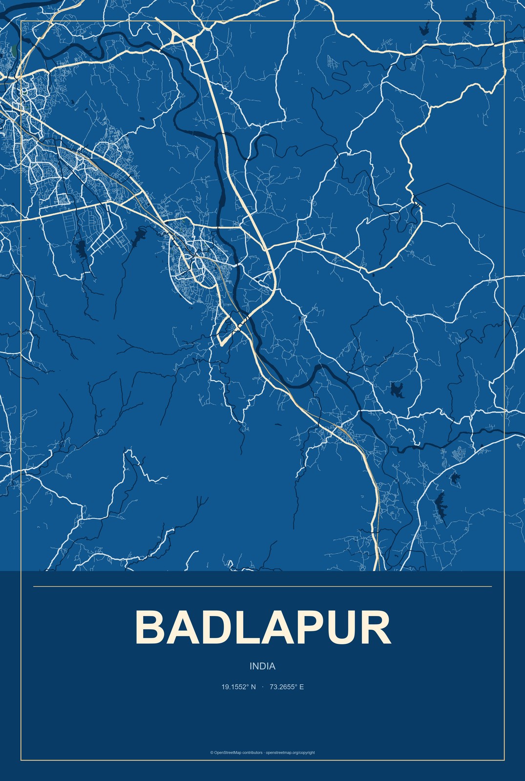Badlapur, India City Map Aluminum Sign in Harbor Cobalt style