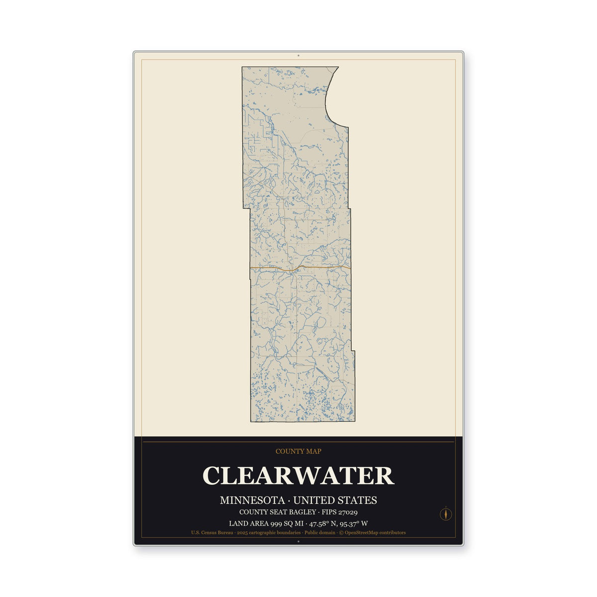 Clearwater County, Minnesota Map Aluminum Sign in Museum Plaque style