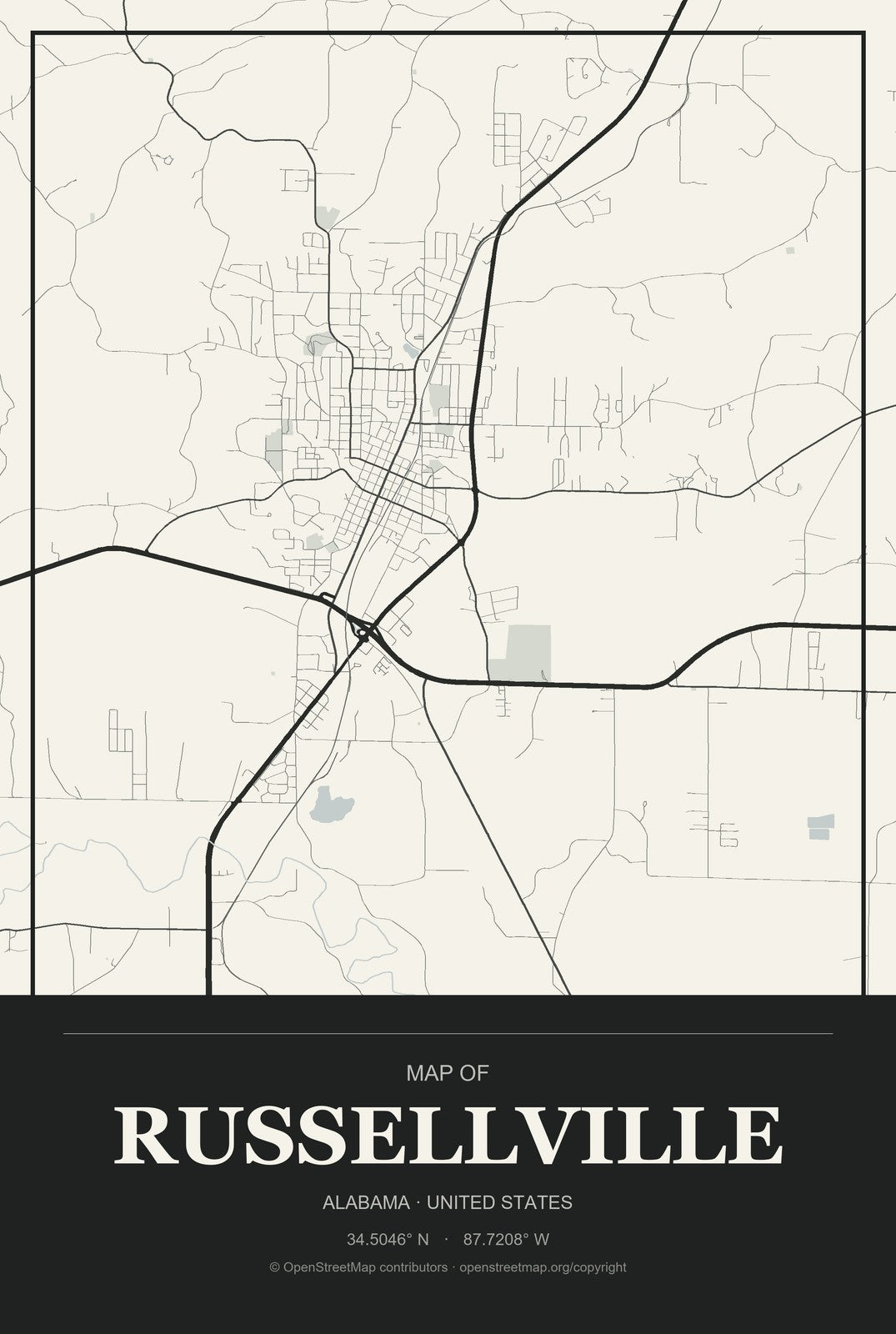 Russellville, Alabama City Map Aluminum Sign in Museum Plaque style