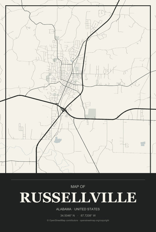 Russellville, Alabama City Map Aluminum Sign in Museum Plaque style