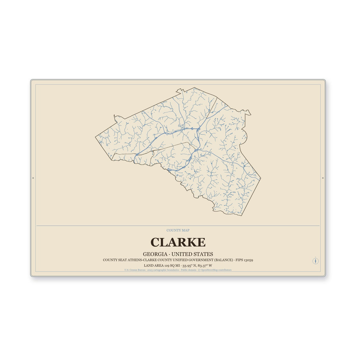 Clarke County, Georgia Map Aluminum Sign in Heritage Nautical style