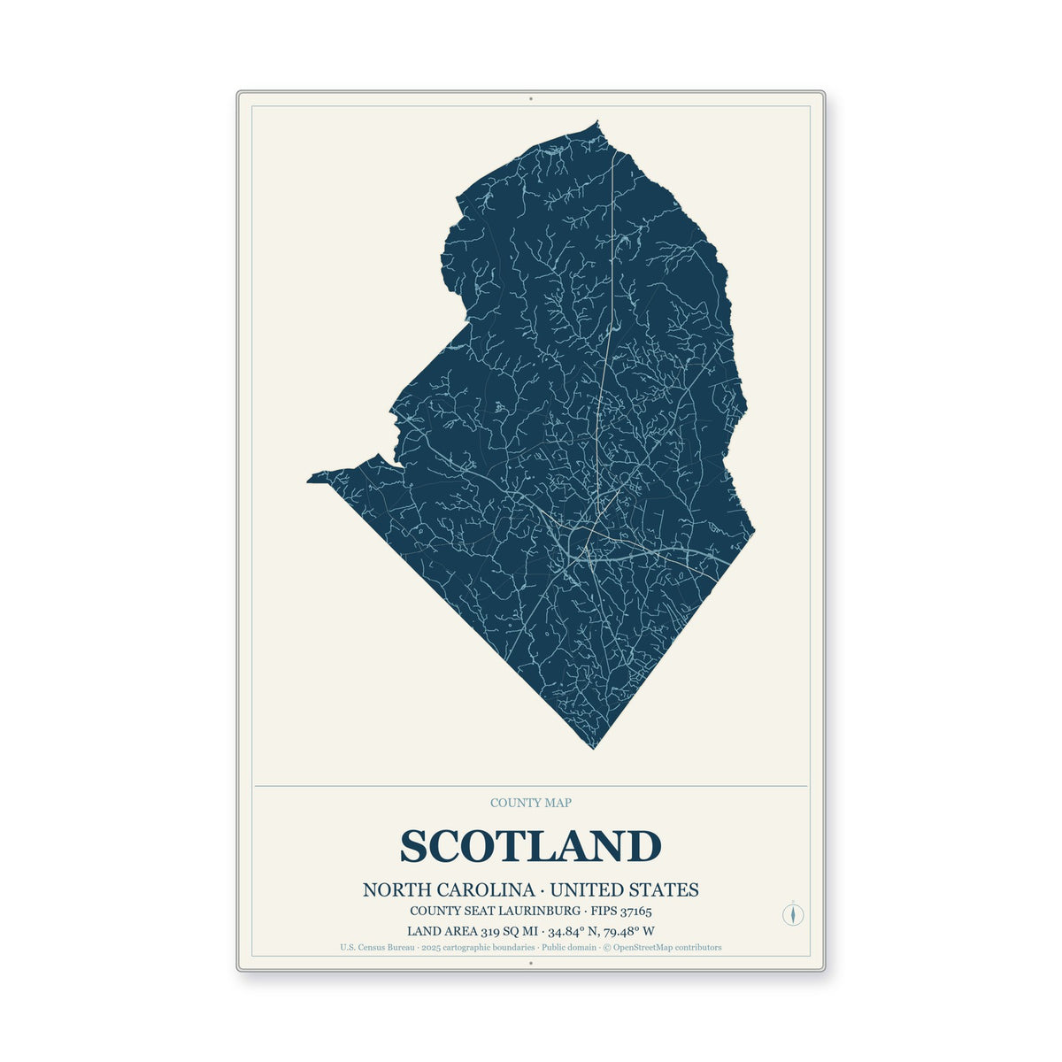 Scotland County, North Carolina Map Aluminum Sign in Coastal Cutout style