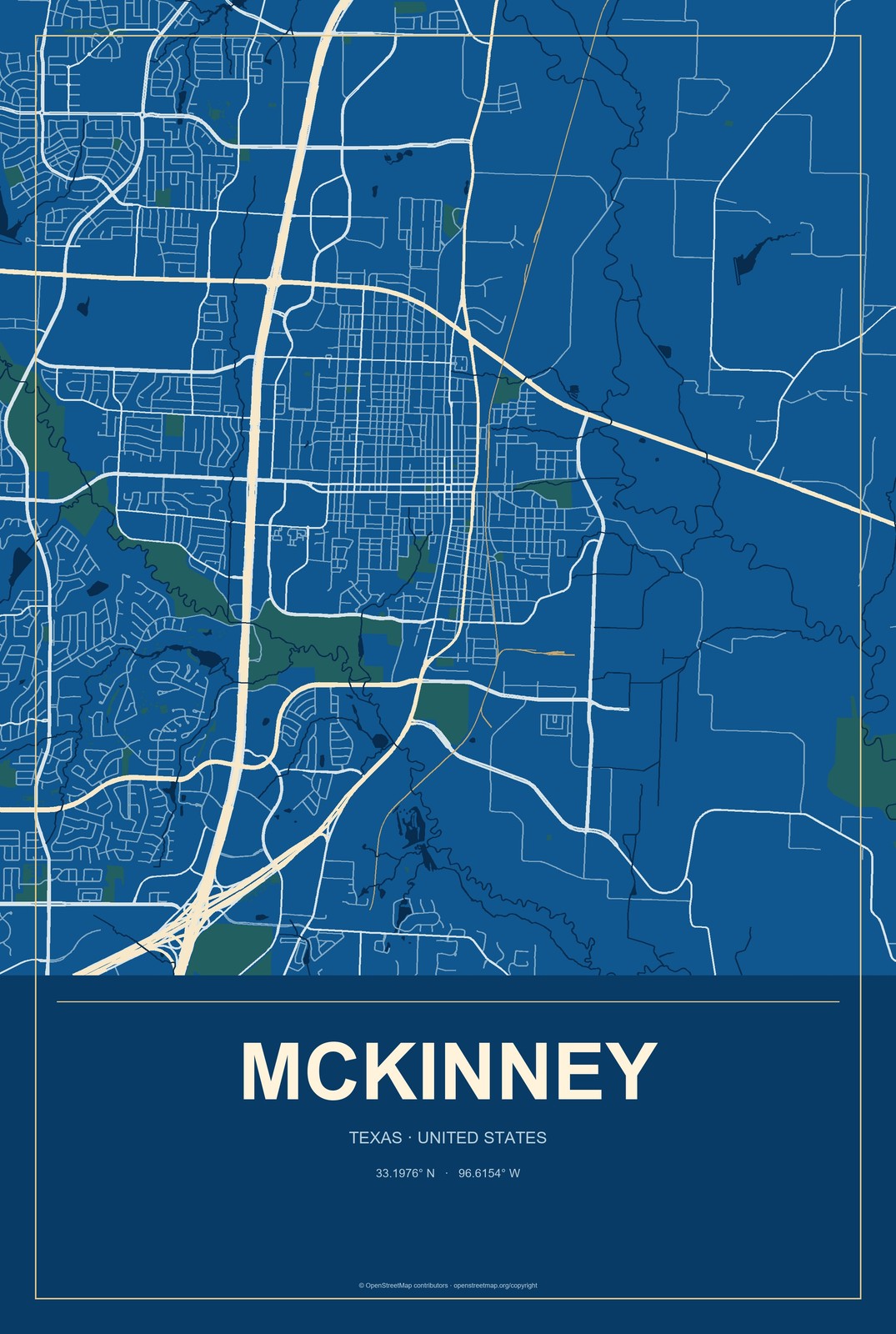 McKinney, Texas City Map Aluminum Sign in Harbor Cobalt style