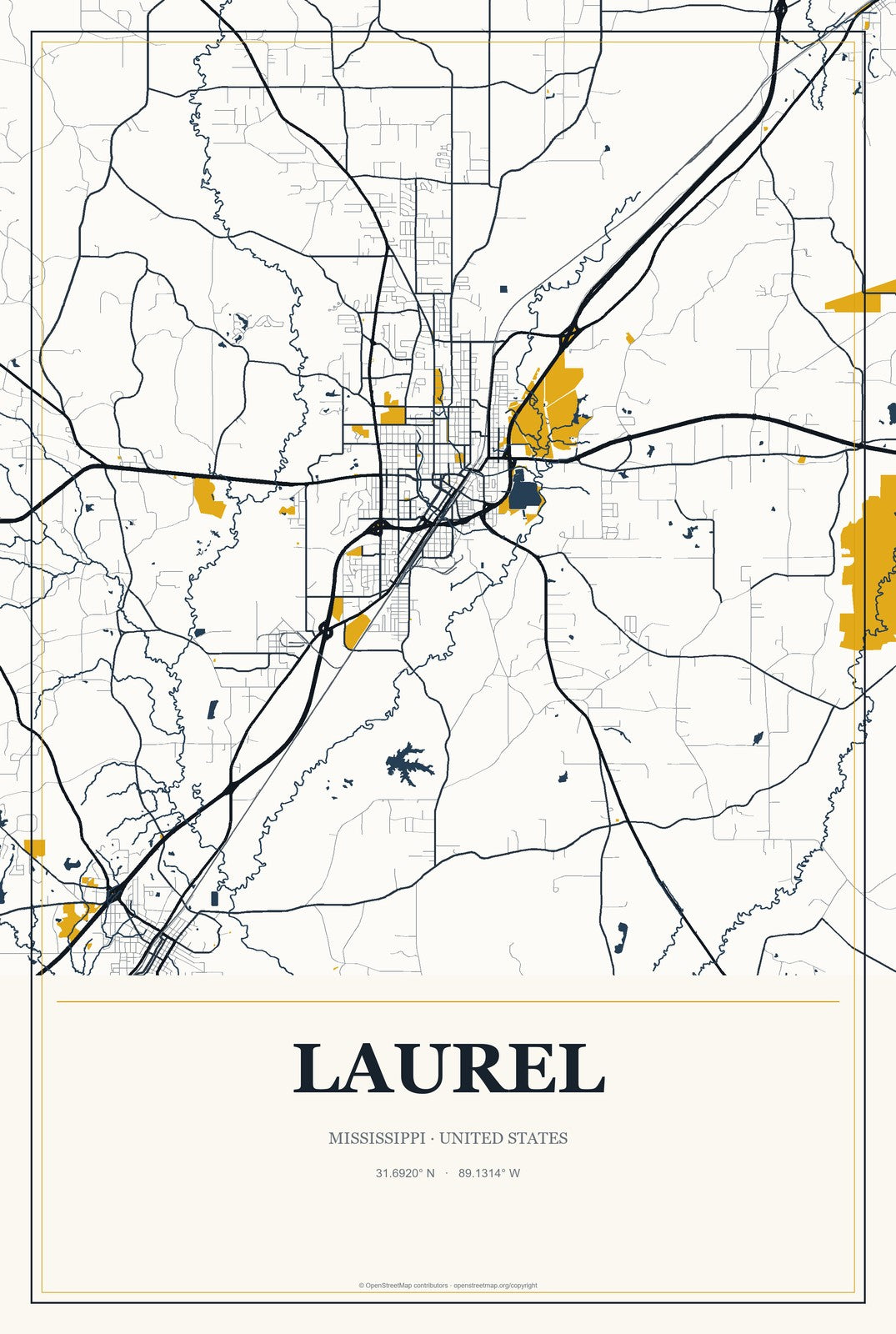 Laurel, Mississippi City Map Aluminum Sign in Citrine Modern style