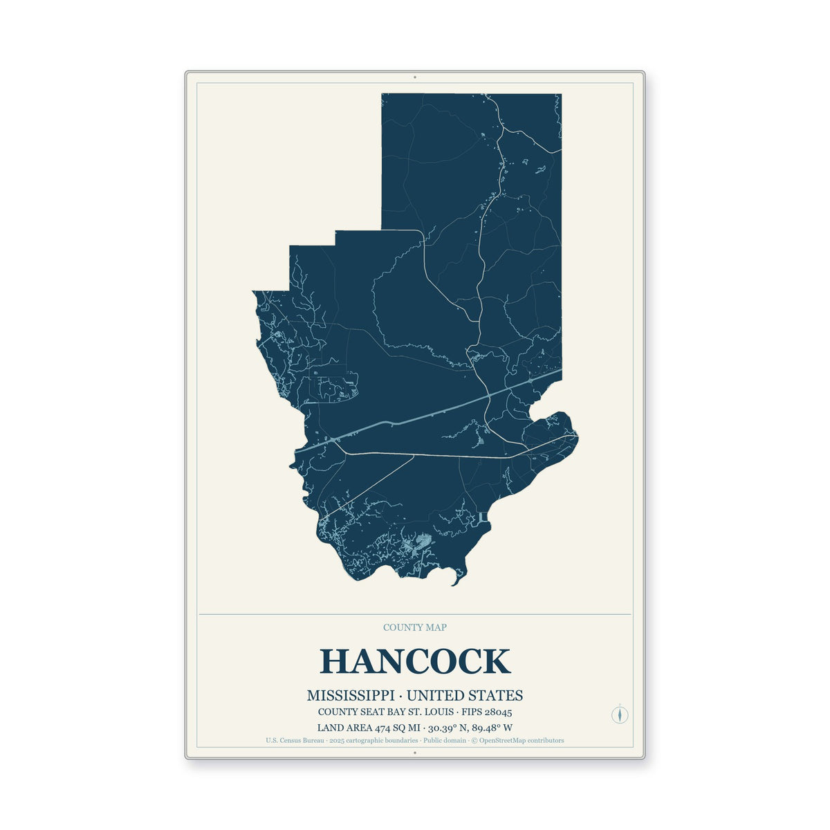Hancock County, Mississippi Map Aluminum Sign in Coastal Cutout style