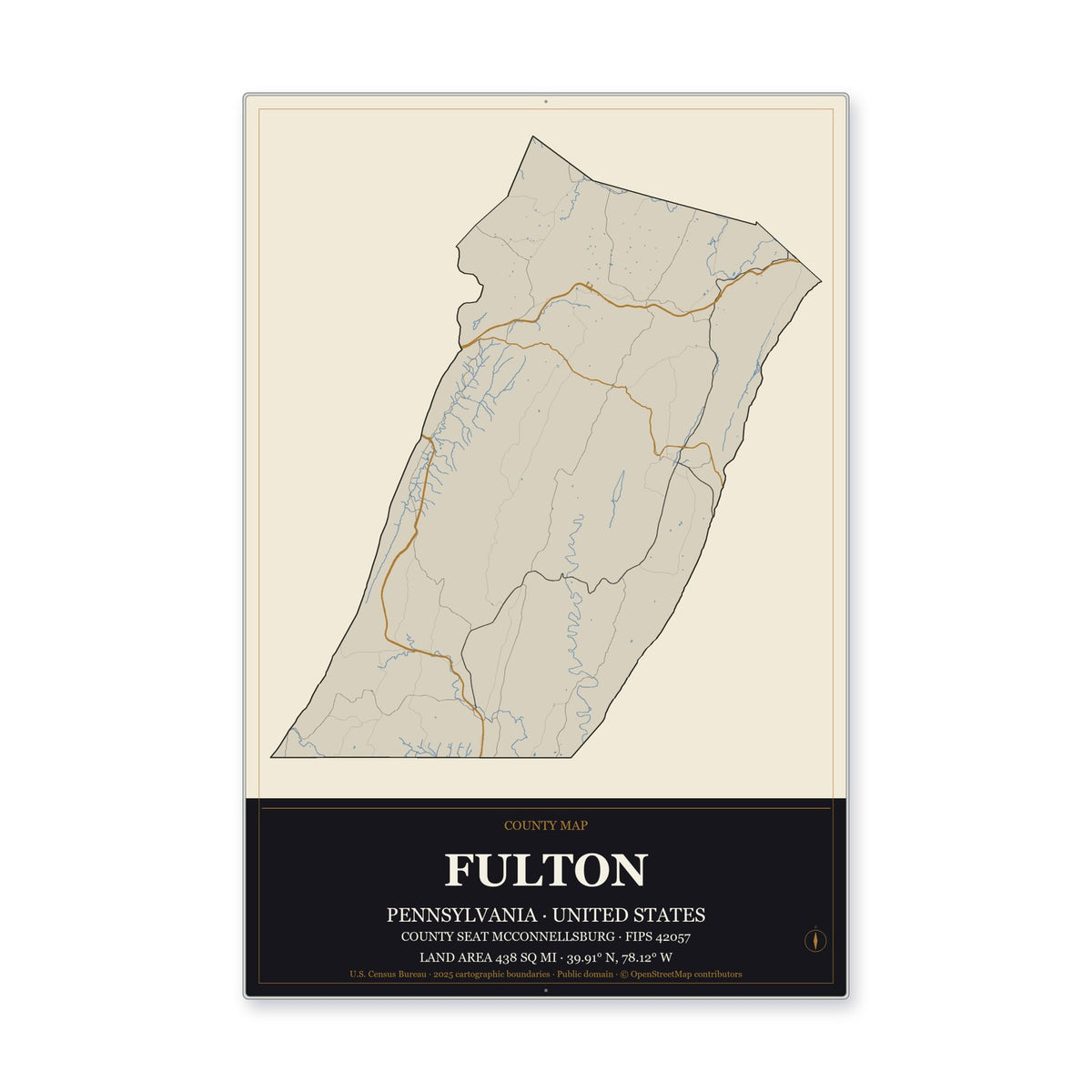 Fulton County, Pennsylvania Map Aluminum Sign in Museum Plaque style