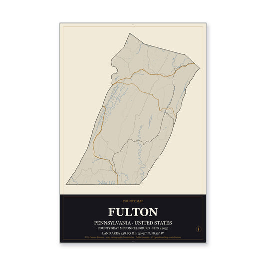 Fulton County, Pennsylvania Map Aluminum Sign in Museum Plaque style