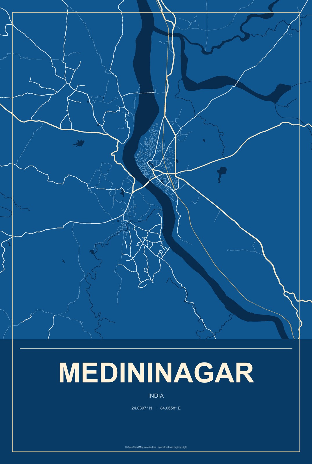 Medininagar, India City Map Aluminum Sign in Harbor Cobalt style