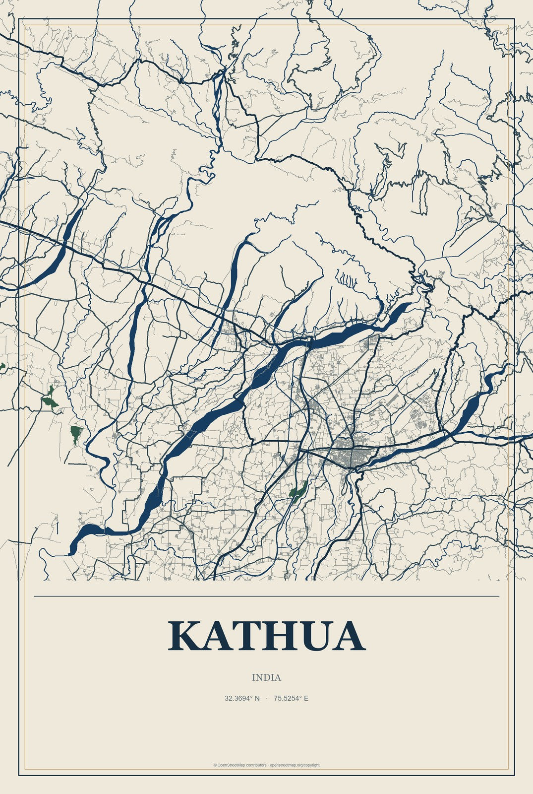Kathua, India City Map Aluminum Sign in Coastal Cutout style