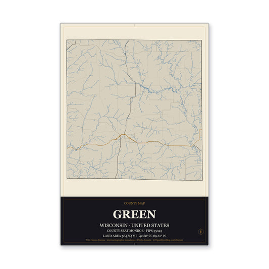 Green County, Wisconsin Map Aluminum Sign in Museum Plaque style
