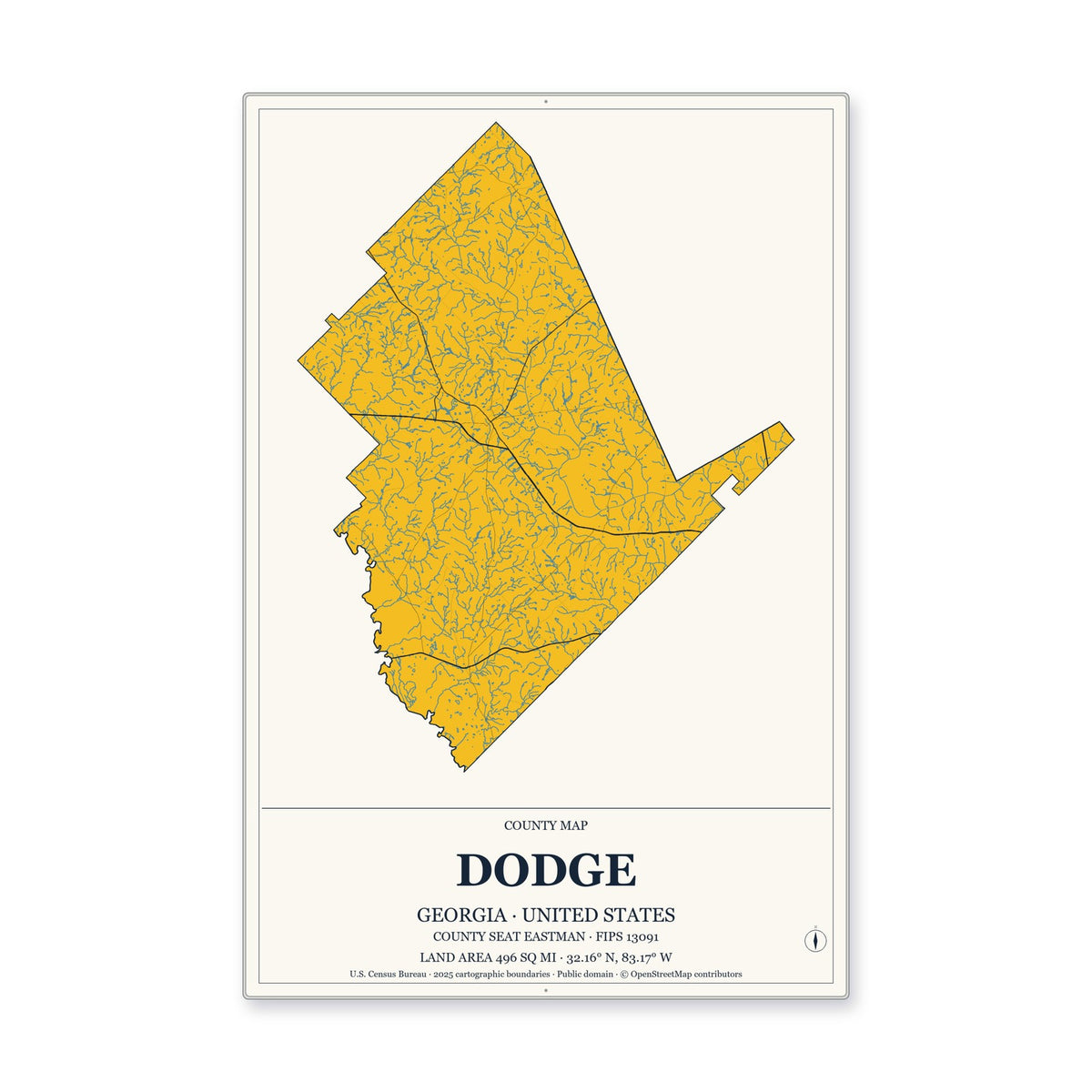 Dodge County, Georgia Map Aluminum Sign in Citrine Modern style