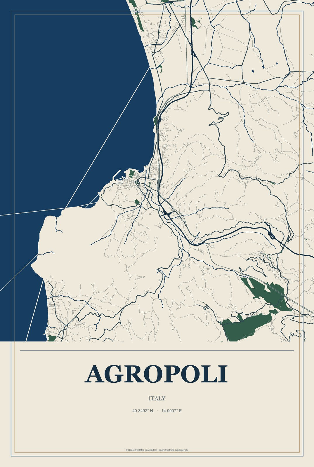Agropoli, Italy City Map Aluminum Sign in Coastal Cutout style