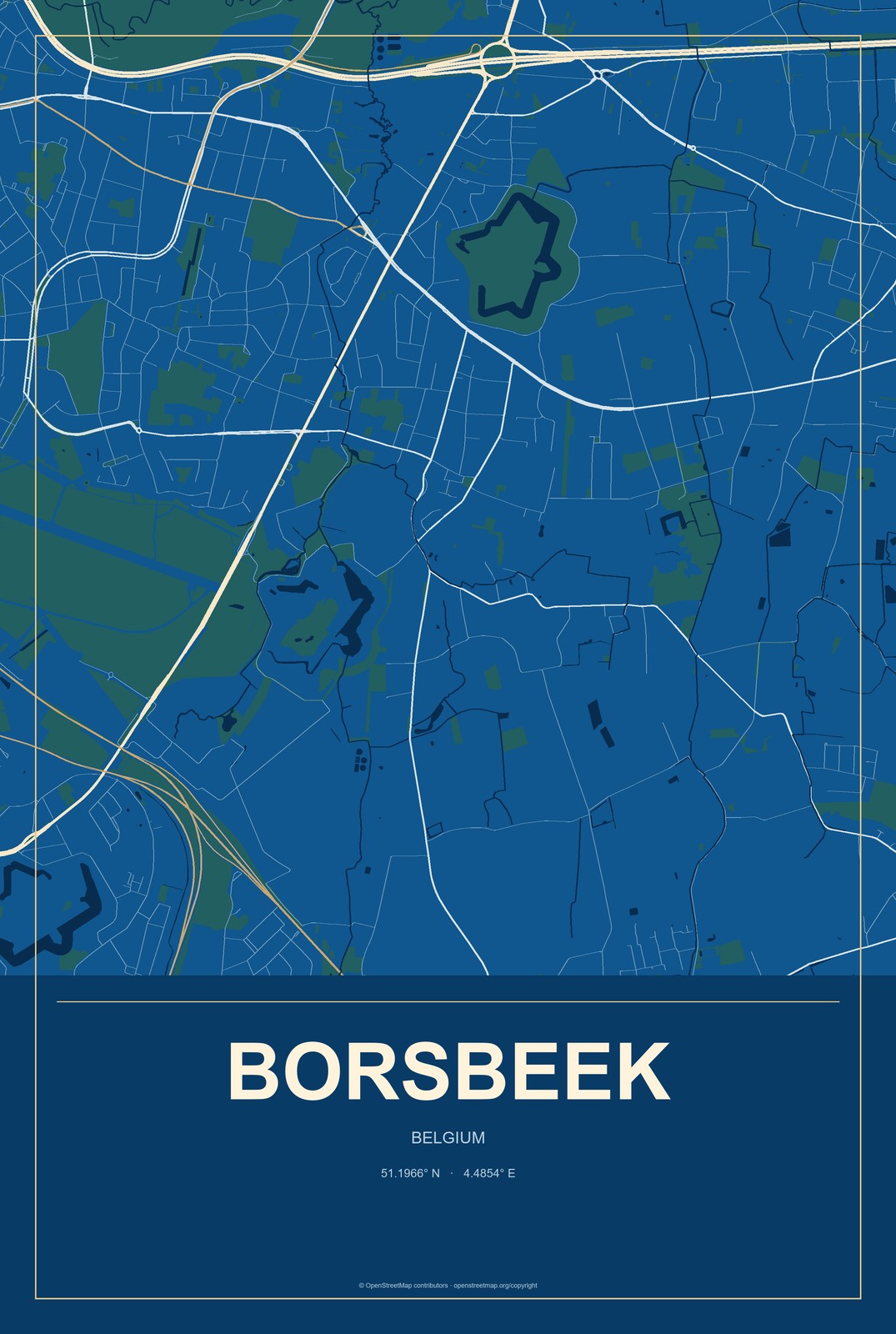 Borsbeek, Belgium City Map Aluminum Sign in Harbor Cobalt style