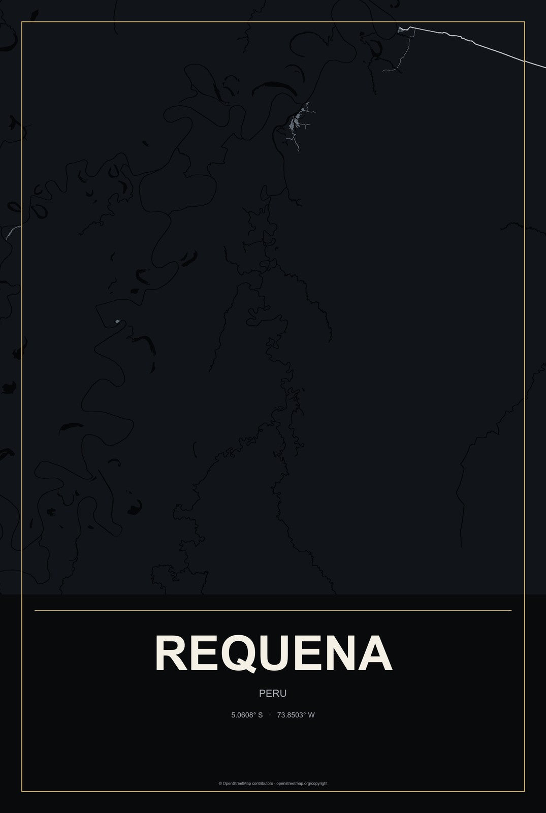Requena, Peru City Map Aluminum Sign in Metropolitan Noir style