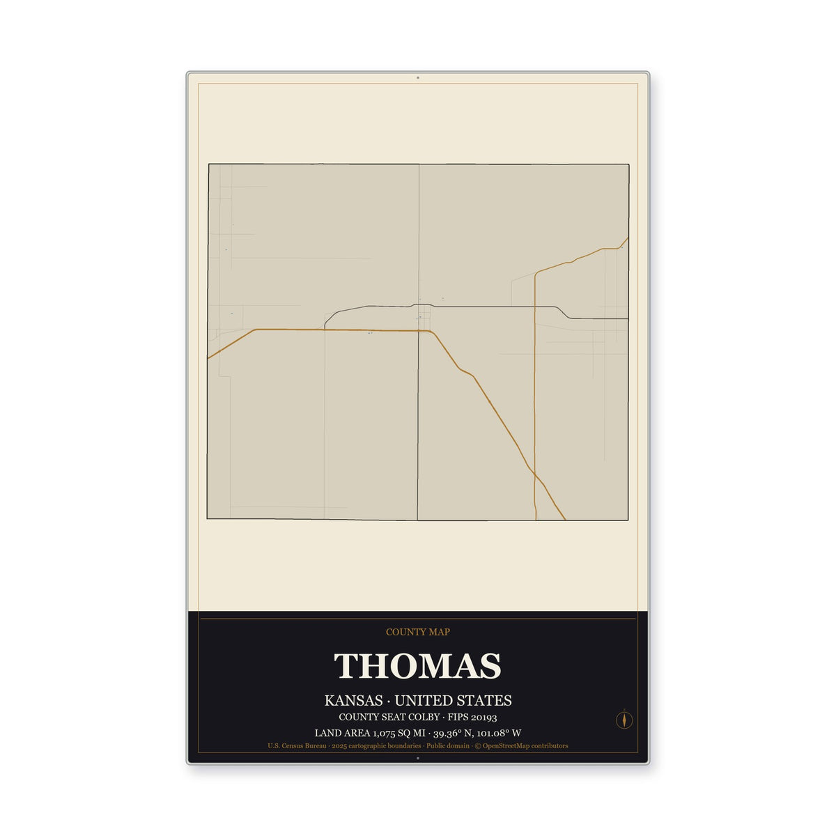 Thomas County, Kansas Map Aluminum Sign in Museum Plaque style