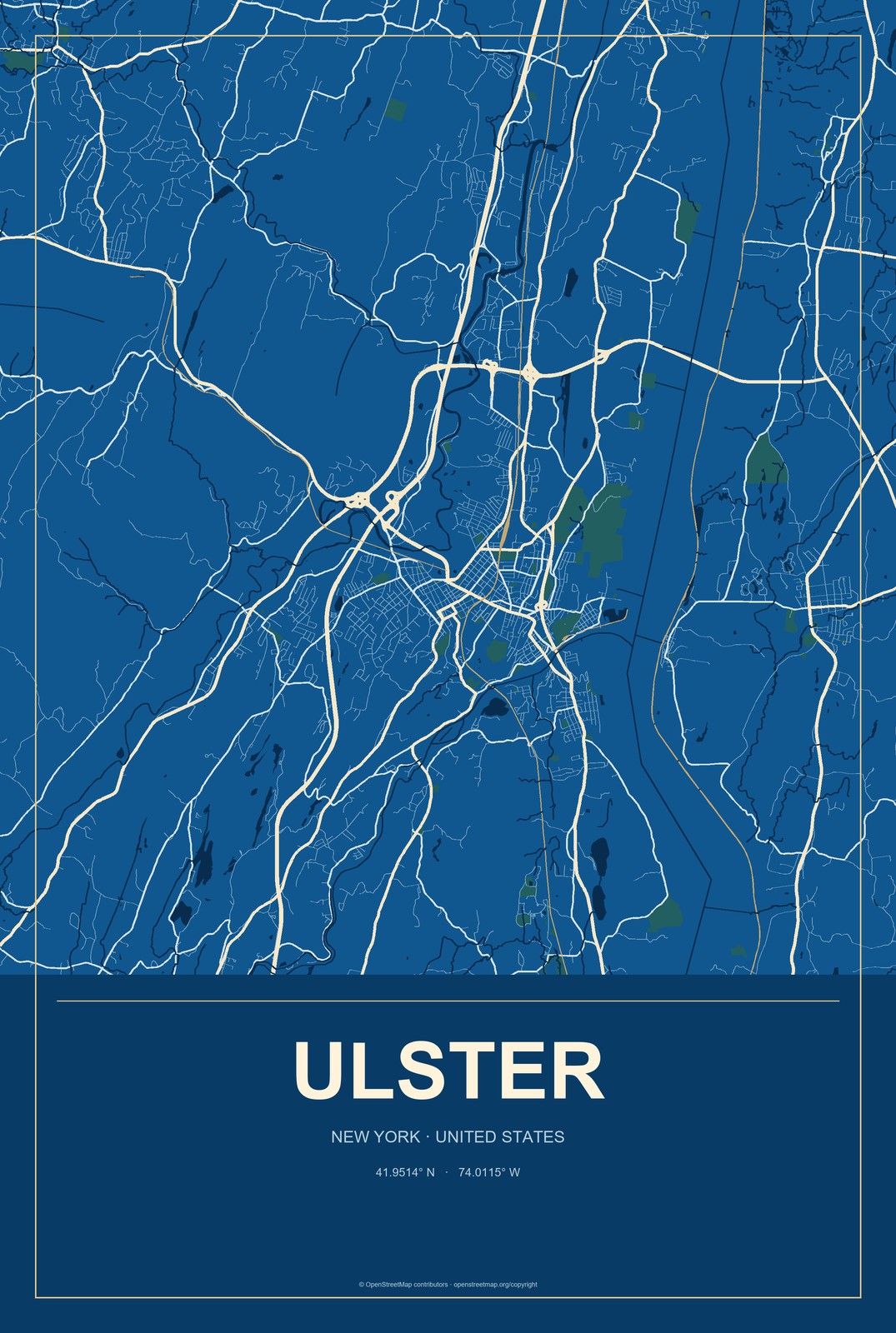 Ulster, New York City Map Aluminum Sign in Harbor Cobalt style