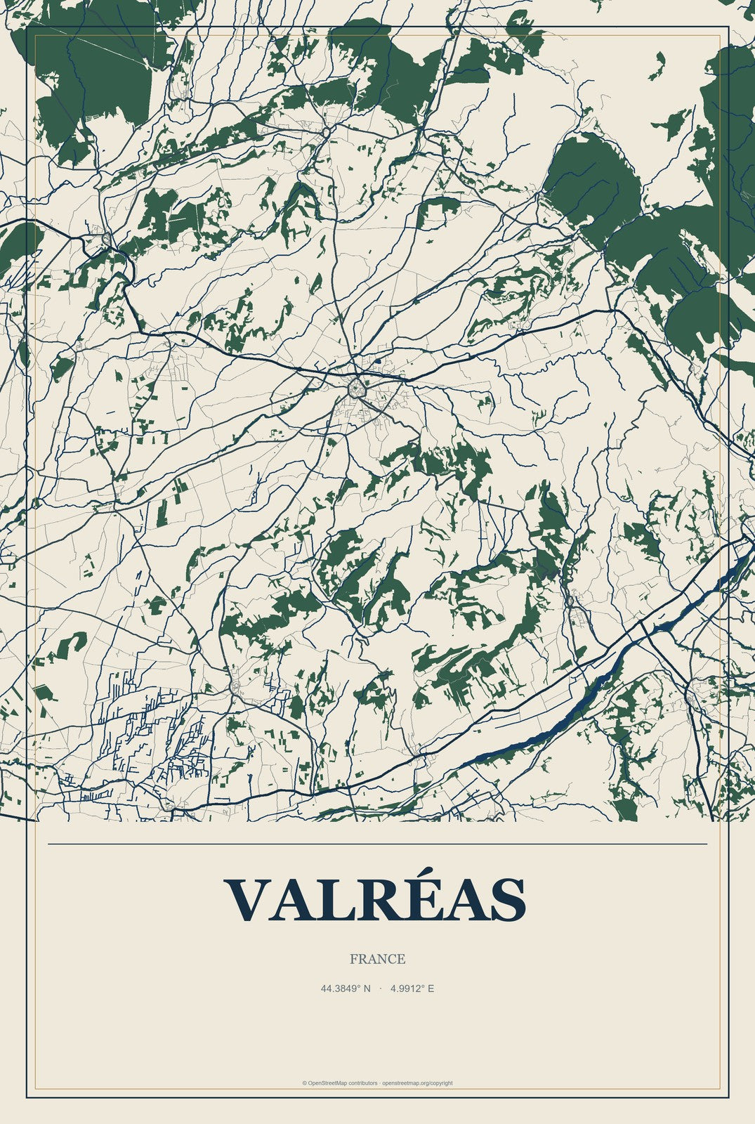 Valréas, France City Map Aluminum Sign in Coastal Cutout style