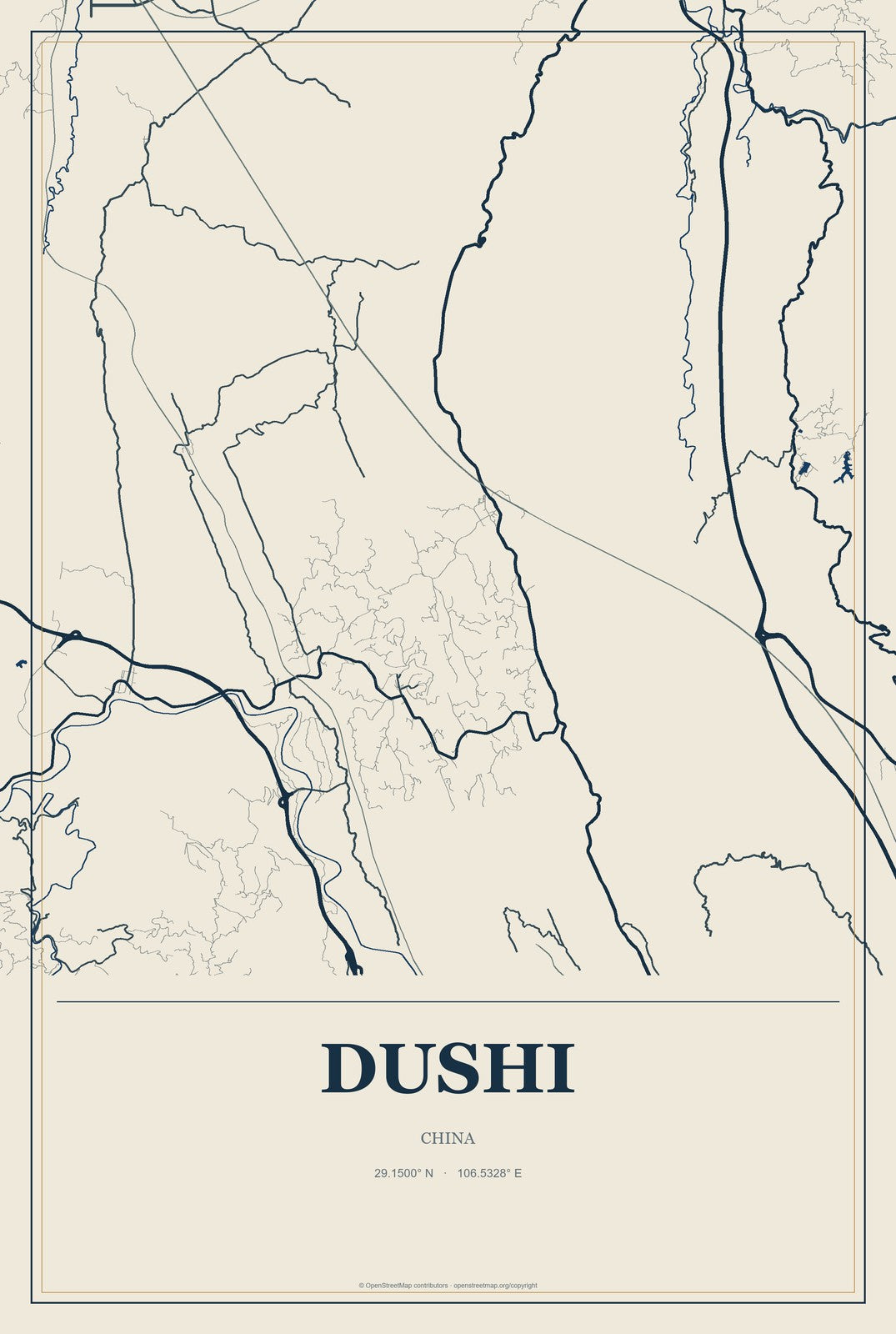 Dushi, China City Map Aluminum Sign in Coastal Cutout style
