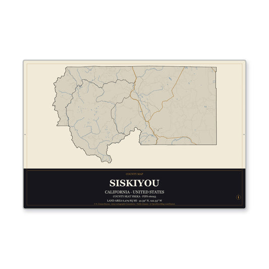 Siskiyou County, California Map Aluminum Sign in Museum Plaque style