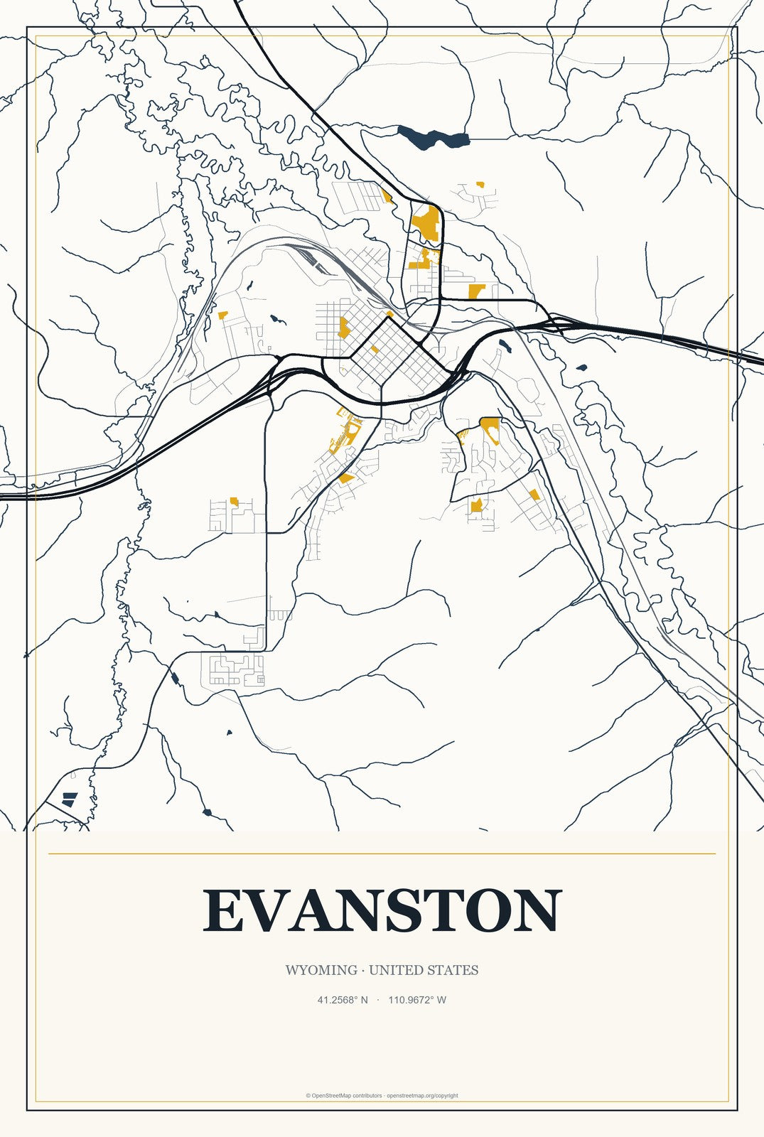 Evanston, Wyoming City Map Aluminum Sign in Citrine Modern style