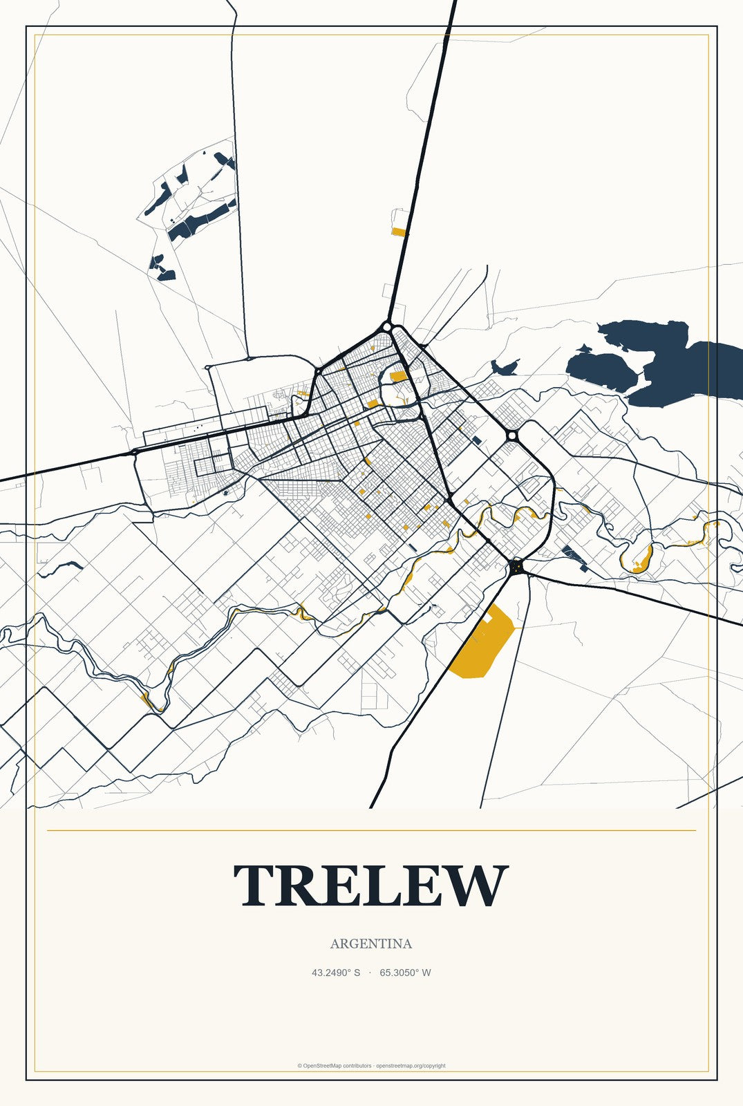 Trelew, Argentina City Map Aluminum Sign in Citrine Modern style