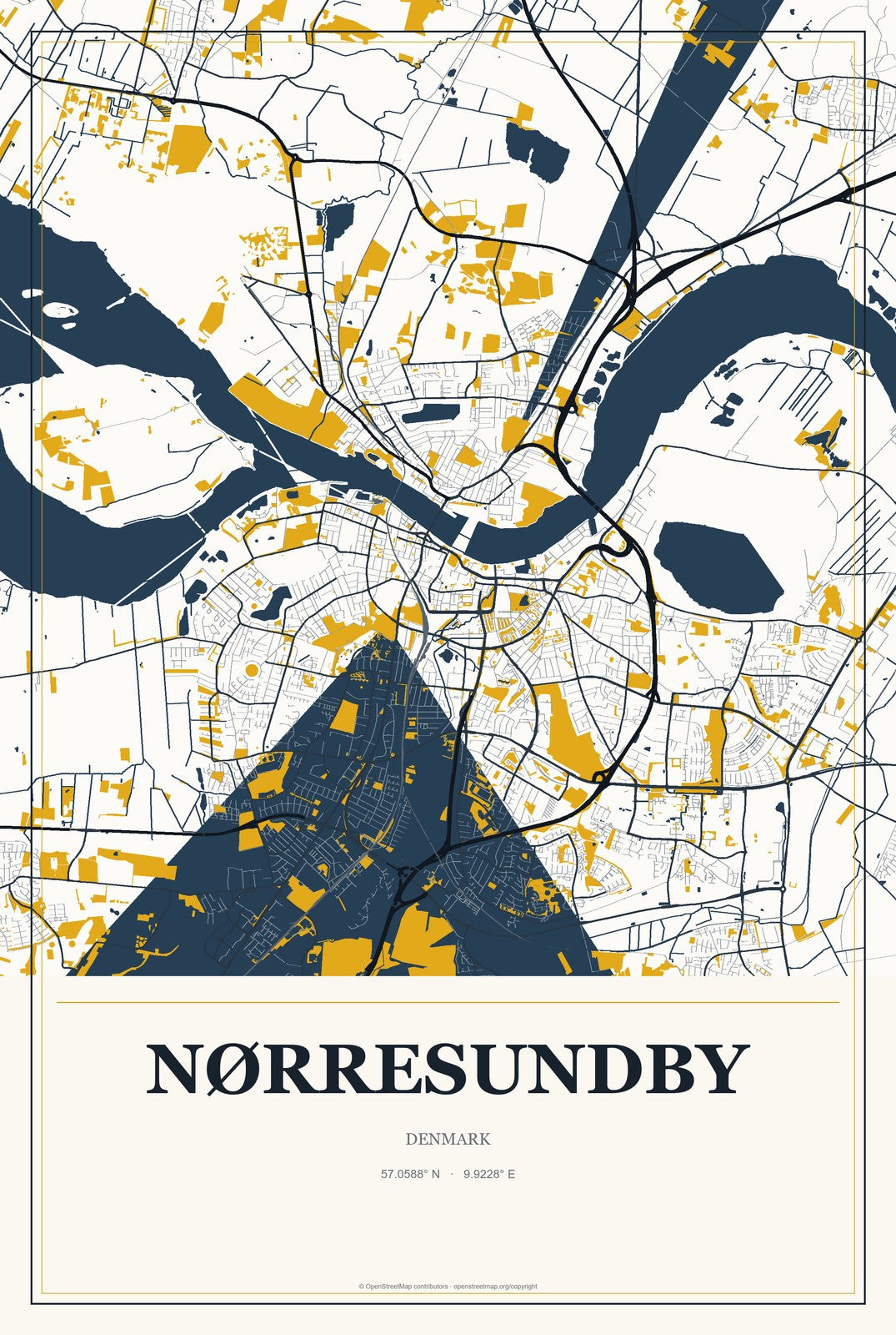 Nørresundby, Denmark City Map Aluminum Sign in Citrine Modern style