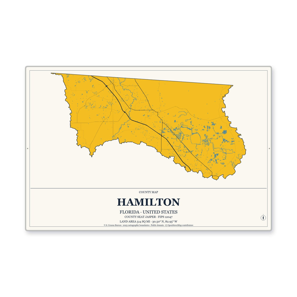 Hamilton County, Florida Map Aluminum Sign in Citrine Modern style