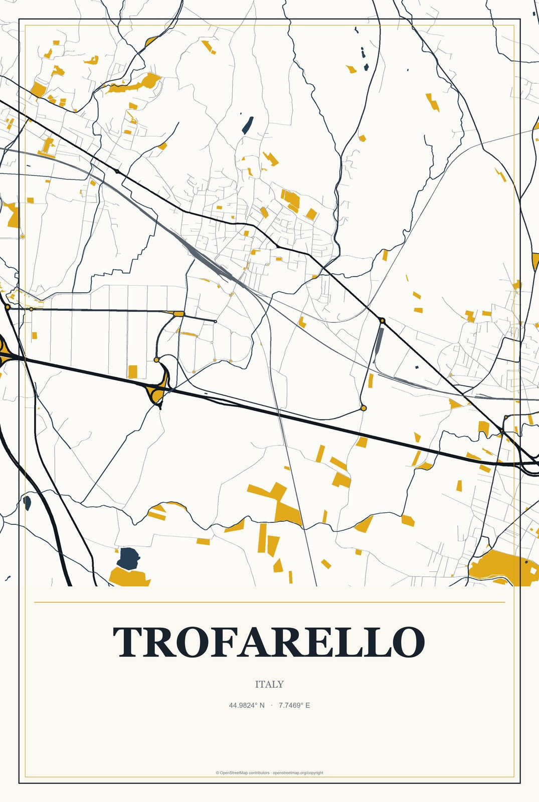 Trofarello, Italy City Map Aluminum Sign in Citrine Modern style