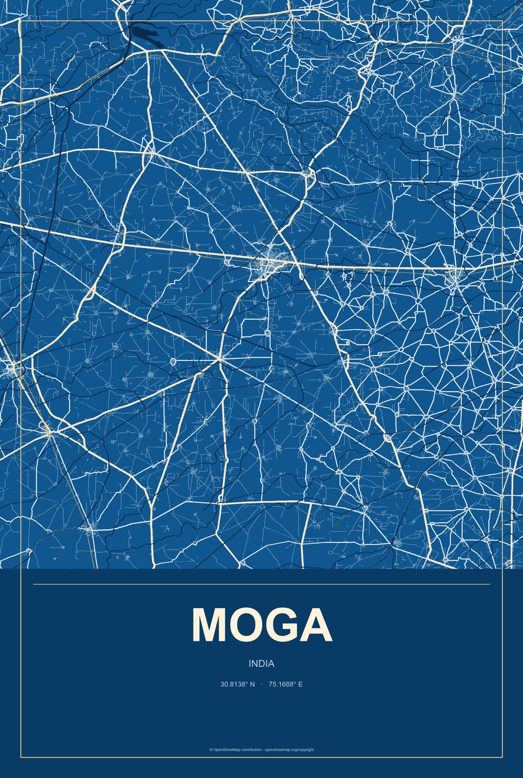 Moga, India City Map Aluminum Sign in Harbor Cobalt style