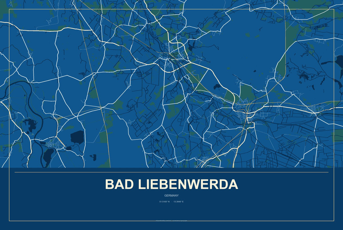 Bad Liebenwerda, Germany City Map Aluminum Sign in Harbor Cobalt style