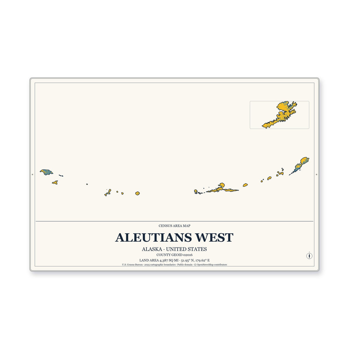 Aleutians West Census Area, Alaska Map Aluminum Sign in Citrine Modern style